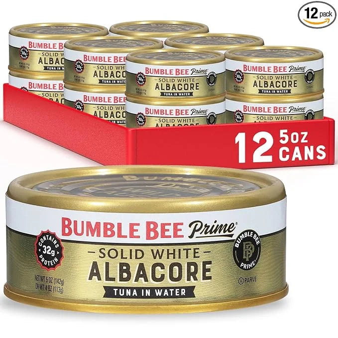Bumble Bee Prime Solid White Albacore Tuna in Water, 5 oz Cans (Pack of 12) - Premium Wild Caught Tuna - 32g Protein per S...