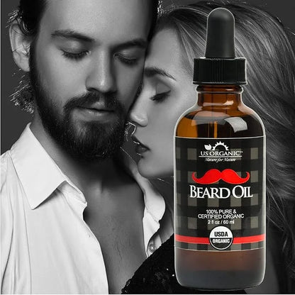 US Organic Beard Oil, 100% Pure, USDA Certified, Softens, shine, moisturizes, Amber Glass Bottle with Eye Dropper, 2 Ounce...