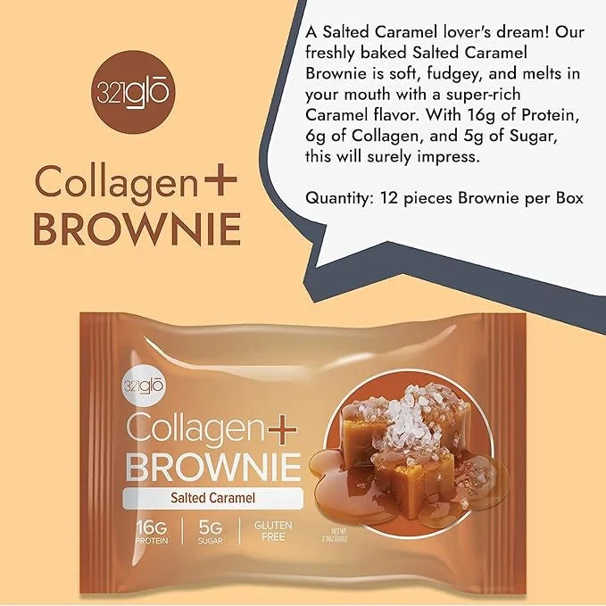 321glo Collagen Protein Brownie | Gluten Free, Low Sugar | Keto Snack for Women, Men, & Kids | 16g Protein, 6g Collagen | ...