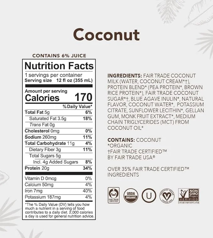 ALOHA Organic Plant Based Coconut Protein Shake w/MCT Oil (12 ct, 12oz Bottle) 20g Protein, Meal Replacement, Low Sugar & ...