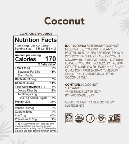 ALOHA Organic Plant Based Coconut Protein Shake w/MCT Oil (12 ct, 12oz Bottle) 20g Protein, Meal Replacement, Low Sugar & ...