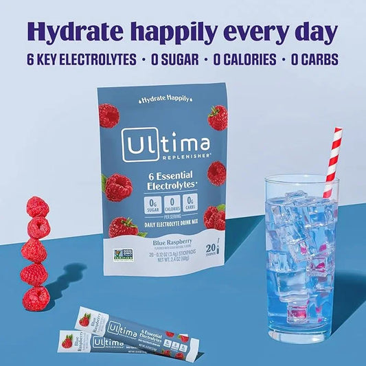 Ultima Replenisher Daily Electrolyte Powder Drink Mix – Blue Raspberry, 20 Stickpacks – Hydration Packets with 6 Electroly...