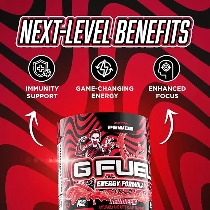 G Fuel PewDiePie Energy Drink Powder, Pre Workout Caffeine Mix for Gaming, Sugar Free Focus Amino, Vitamin + Antioxidants,...
