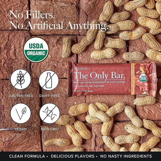Truvani Plant Based Snack Bars | Chocolate Peanut Butter 12 Pack | 7g Protein | USDA Organic and Vegan | The Only Bar | Da...
