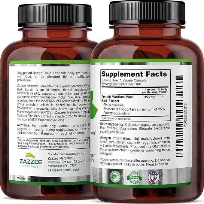 Zazzee Extra Strength French Maritime Pine 350 mg 180 Vegan 95% Proanthocyanidins, 6 Month