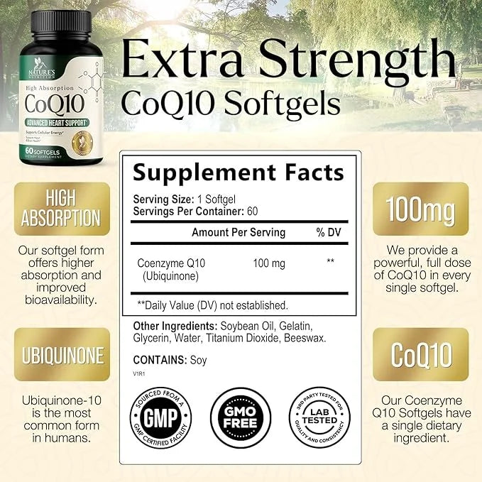CoQ10 100mg Softgels Q10 Vitamins, Q10 Supplement 60 Softgels