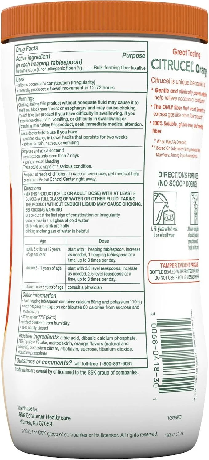Citrucel Fiber Powder for Occasional Constipation 30 Ounces