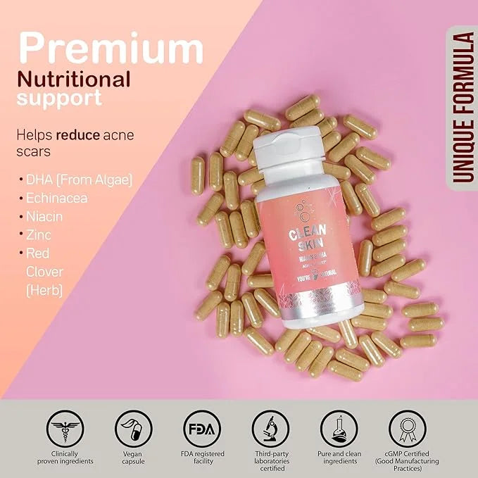 YOU'RE NATURAL Clean Skin Supplement | Acne Support | Skin Support Vitamins for Women, Men & Teens, Vitamin A, Zinc, DHA, ...