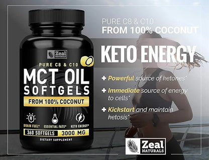 Pure MCT Oil Capsules (360 Softgels | 3000mg) 4 Month Supply Keto Pills w Unrefined Coconut - C10 & C8 Brain Fuel, Energy,...