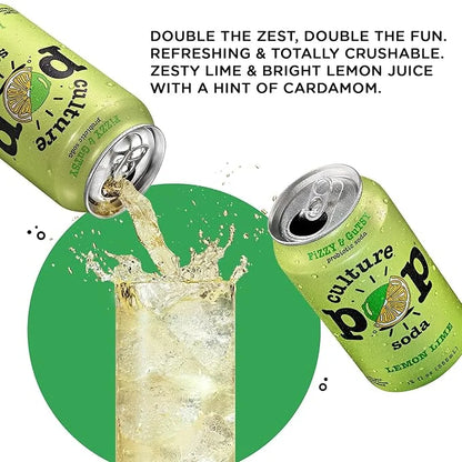 Culture Pop Soda, Lemon Lime, Probiotic Low Sugar Soda, Sparkling Juice Alternative, Non-GMO, Kosher, Gluten-Free, No Stev...