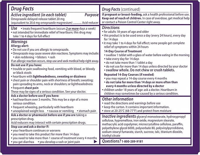 Prilosec OTC, Omeprazole Delayed Release 20mg, 24 Hour 20mg, 42 42 Tablets