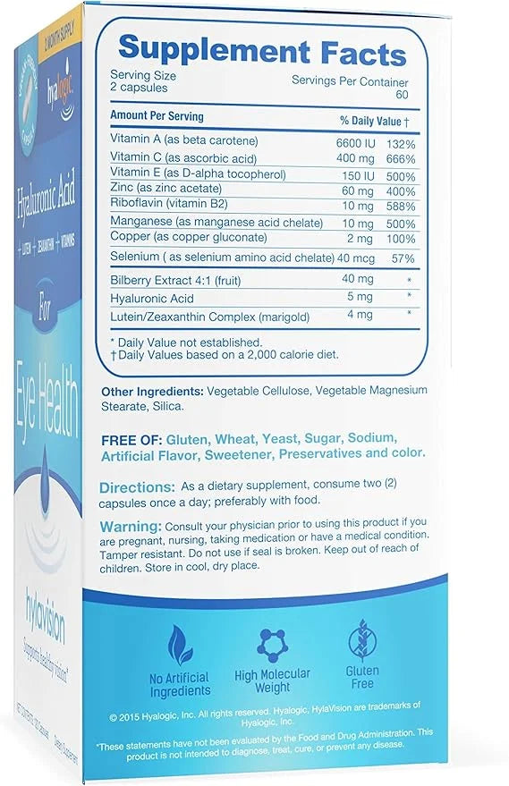 Hyalogic HylaVision Eye Health Supplement - Hyaluronic Acid, Lutein and Zeaxanthin Supplements – Contains Eye Vitamins A, ...