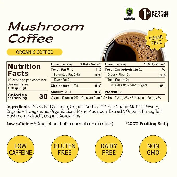 Jibby Mushroom Coffee - Organic Instant Coffee Powder with Collagen, MCT Oil, Superfood Mushrooms - Detox Mushroom Coffee ...