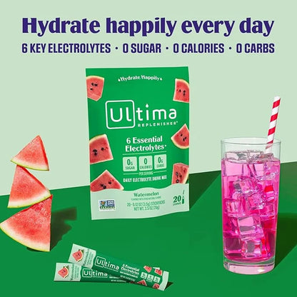 Ultima Replenisher Daily Electrolyte Powder Drink Mix – Watermelon, 20 Stickpacks – Hydration Packets with 6 Electrolytes ...