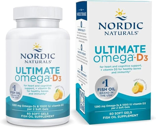 Nordic Naturals Ultimate Omega-D3, Lemon Flavor 60 Soft 1280 mg Omega-3 + 1000 IU D3 - Omega-3 Fish 30 Servings