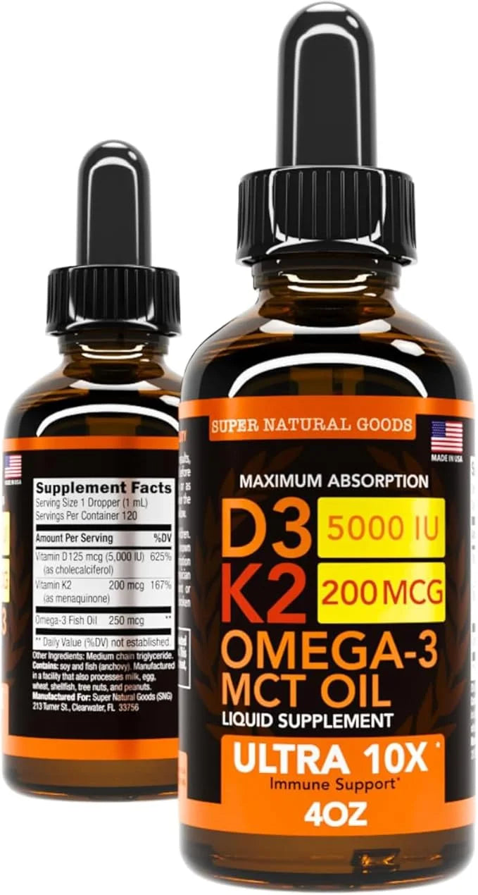 Vitamin D3 K2 Liquid Drops 5000 IU (4oz) Maximum Strength Vitamin D, K, MCT Oil & Omega 3 Bone, Heart, Joint, Muscle Suppo...