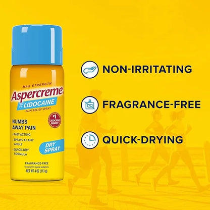 Aspercreme Lidocaine Dry Spray Soothes Aggravated 4% Lidocaine 4 Oz.