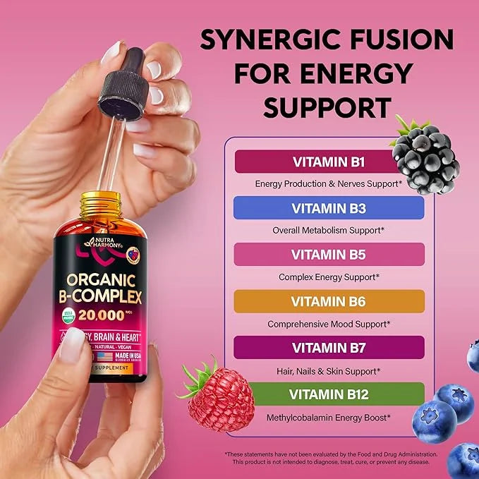 USDA Organic Vitamin B-Complex B5 Pantothenic Acid B12 Methylcobalamin B1 Thiamine B6 Pyridoxine B7 Biotin B9 Folic B3 Nia...