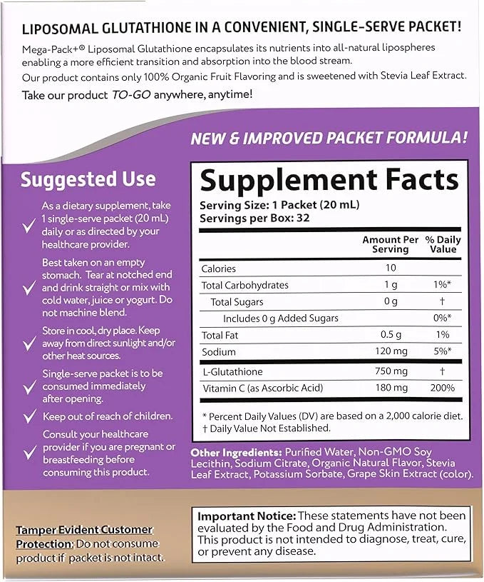 Aurora Nutrascience Mega-Pack Liposomal Glutathione, Antioxidant, 750 mg 32 Packets, 21.7 fl (640 mL)