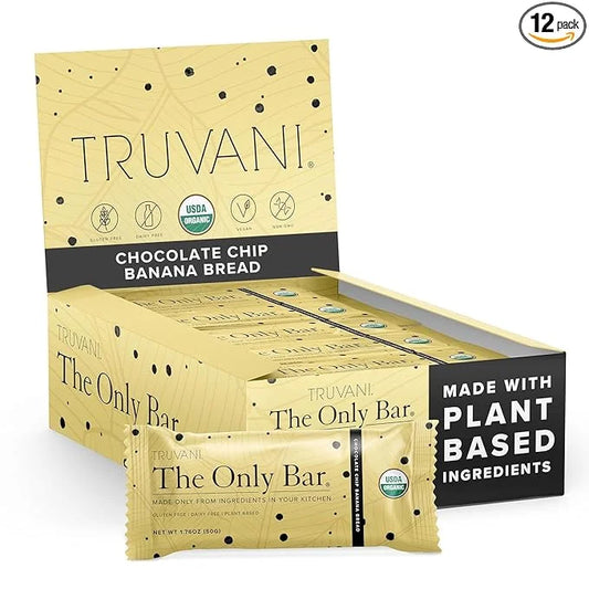Truvani Plant Based Snack Bars | Chocolate Chip Banana Bread 12 Pack | 5g Protein | USDA Organic and Vegan | The Only Bar ...
