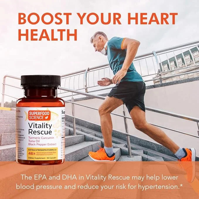 Vitality Rescue, Fish Oil DHA EPA Omega 3 and Turmeric Supplement w/Bioperine, CurcuWin 46X Superior Absorption Curcumin t...