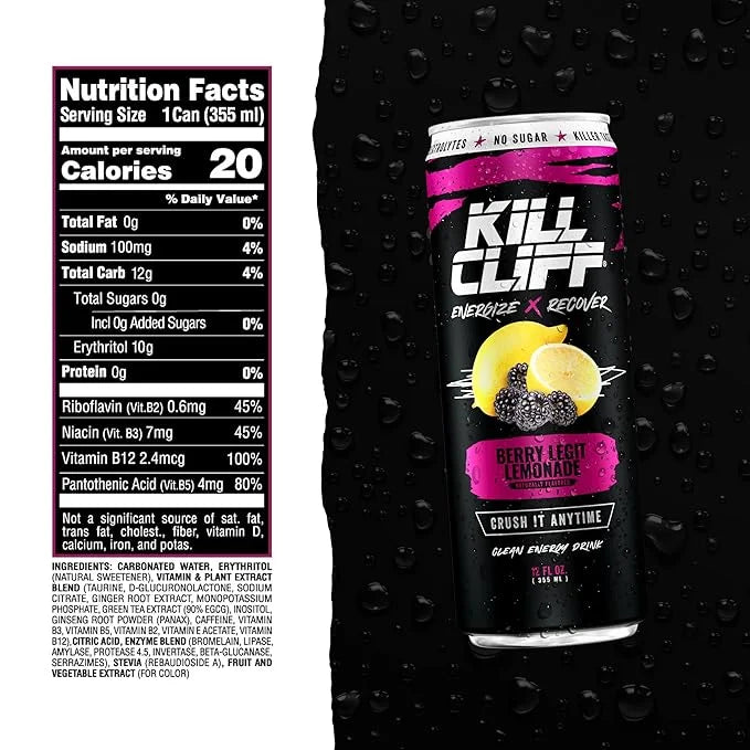Kill Cliff Recovery Energy Drink, Berry Legit Lemonade, Sugar & Gluten Free Drinks, Green Tea, Electrolytes and Natural Ca...