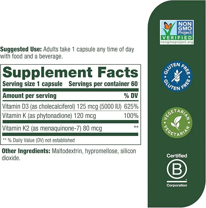 MegaFood Vitamin D3 5000 IU (125 mcg) D3 K2, K2, Supports 60 Mini 60 Servings