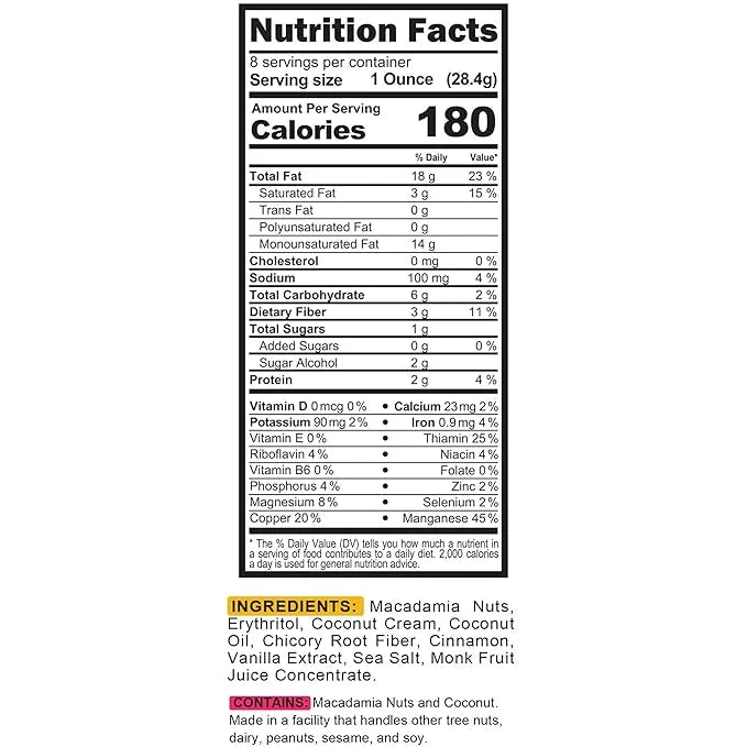 TGB Cinnamon Macadamia Nuts, Keto Friendly, No Added Sugar, Gluten Free, Healthy Low Carb Snack, 8oz Resealable Bag (Pack ...