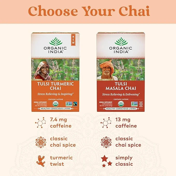 Organic India Tulsi Turmeric Chai Tea - Herbal Tea Bags with Caffeine, Ginger Root, Cinnamon, Holy Basil, Stress Relieving...