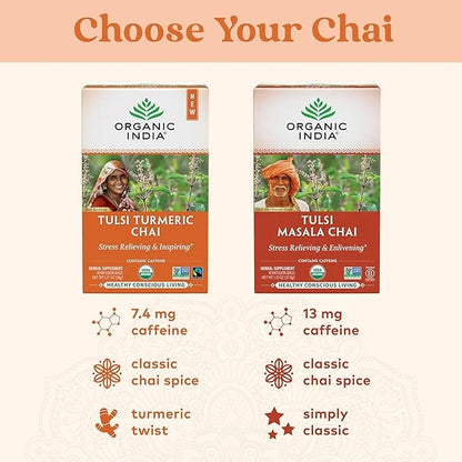 Organic India Tulsi Turmeric Chai Tea - Herbal Tea Bags with Caffeine, Ginger Root, Cinnamon, Holy Basil, Stress Relieving...