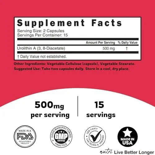 Nutri Urolithin A Supplement 500mg 3rd Party 500 mg 30 Vegan 2 Week+
