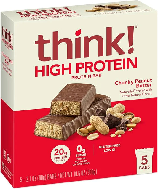 think! Protein Bars, High Protein Snacks, Gluten Free, Kosher Friendly, Chunky Peanut Butter, Nutrition Bars, 2.1 Oz per B...