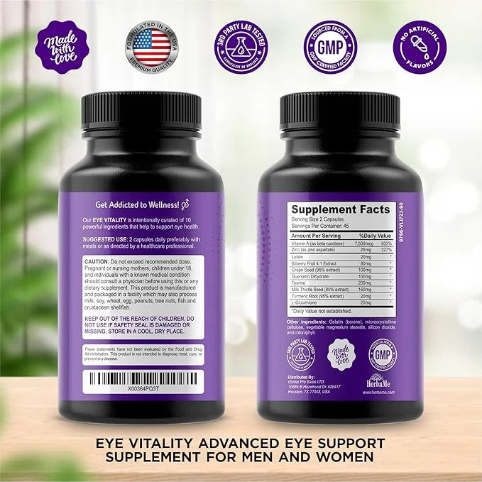 Eye Vitamins Supplement with Lutein, Bilberry, 90 Capsules,