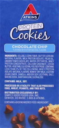 Atkins Chocolate Chip Protein Cookie, Protein Dessert, Rich in Fiber, 3g Net Carb, 1g Sugar, Keto Friendly, 4 Count - Prod...