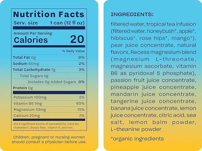 Recess Mood Magnesium Supplement Drink Calming 12 Ounce, 12 (Tropical