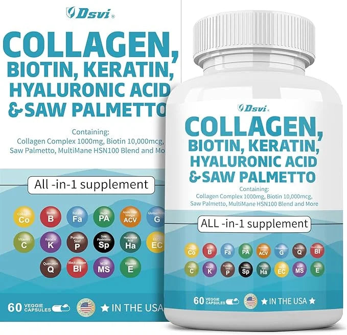 Collagen Pills 1000mg Biotin 10000mcg Keratin 2500mg Hyaluronic Women,60 Count