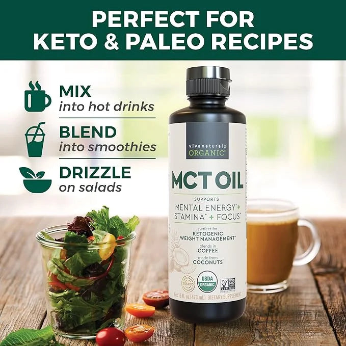 Viva Naturals Organic MCT Oil 16 fl oz - Best MCT Oil Organic for Coffee, MCT Coconut Oil Supports Energy & Mental Clarity...