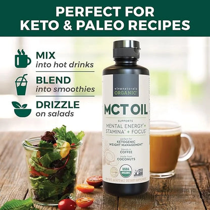 Viva Naturals Organic MCT Oil 16 fl oz - Best MCT Oil Organic for Coffee, MCT Coconut Oil Supports Energy & Mental Clarity...