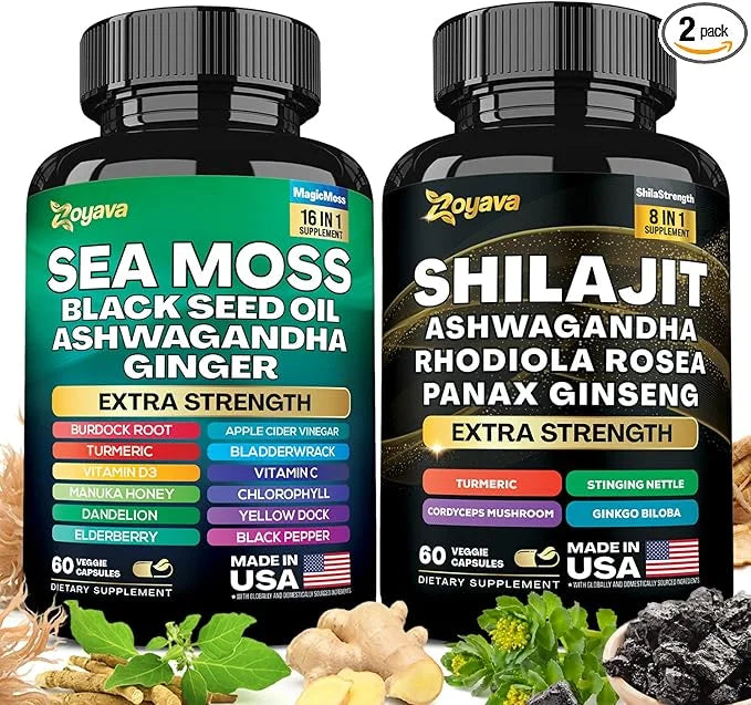 Zoyava Dynamic Vitality Bundle, Sea Moss 7000mg, Black 4000mg, Ashwagandha 2000mg, Ginger 9000mg, Rhodiola 1000mg, Panax (...