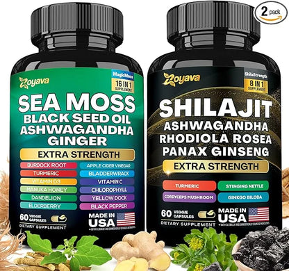 Zoyava Dynamic Vitality Bundle, Sea Moss 7000mg, Black 4000mg, Ashwagandha 2000mg, Ginger 9000mg, Rhodiola 1000mg, Panax (...