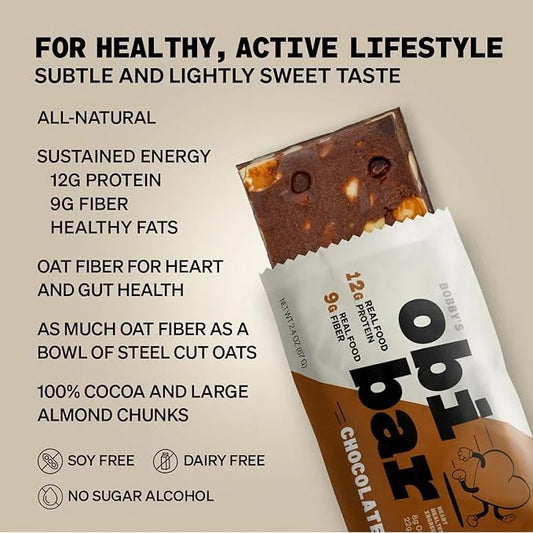 Obi Bar Chocolate - Protein and Oat Fiber Bar | All Natural | Subtle and Lightly Sweet Taste | Meal Bar | Heart and Gut He...