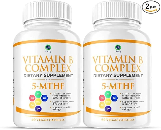 1 Body Vitamin B Complex Twin 5-MTHF Folate B1, B2, B2, B5, B5, B6, B6, Methyl B12, Niacin, 60 capsules