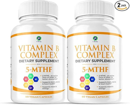 1 Body Vitamin B Complex Twin 5-MTHF Folate B1, B2, B2, B5, B5, B6, B6, Methyl B12, Niacin, 60 capsules