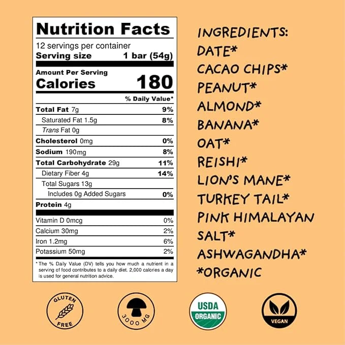 Wise Bar Adaptogen Mushroom Nutrition Bars with Reishi, Lions Mane & Ashwagandha, Organic Vegan & Gluten Free Snacks for N...