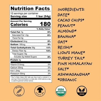 Wise Bar Adaptogen Mushroom Nutrition Bars with Reishi, Lions Mane & Ashwagandha, Organic Vegan & Gluten Free Snacks for N...