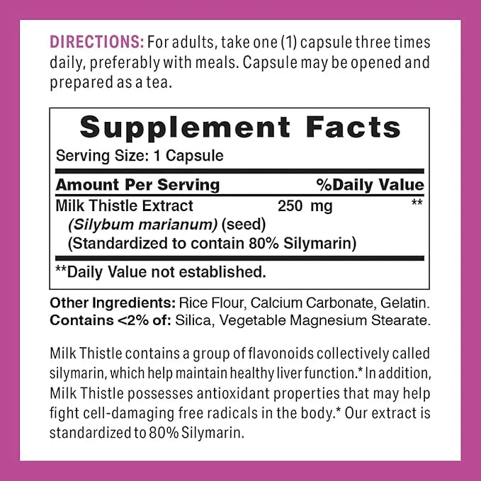 Vitamin World Milk Thistle (Silymarin) Standardized 250mg 100 100 Capsules,