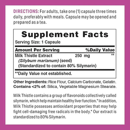 Vitamin World Milk Thistle (Silymarin) Standardized 250mg 100 100 Capsules,