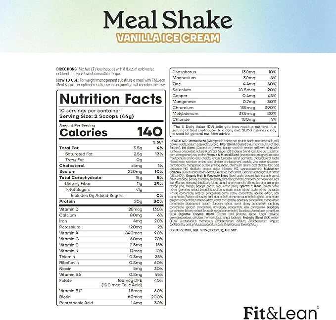 Fit & Lean Meal Shake, Fat Burning Meal Replacement, Protein, Fiber, Probiotics, Vanilla, 1lb, 10 Servings Per Container -...