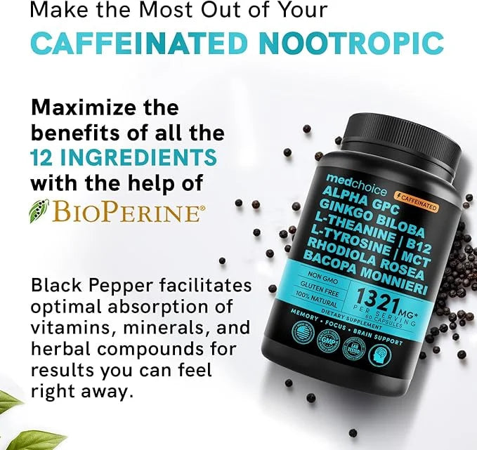 12-in-1 Nootropic Brain Supplement with Caffeine Anhydrous: Ginkgo Biloba for Brain Support, Memory and Focus - B12, Alpha...