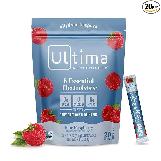 Ultima Replenisher Daily Electrolyte Powder Drink Mix – Blue Raspberry, 20 Stickpacks – Hydration Packets with 6 Electroly...